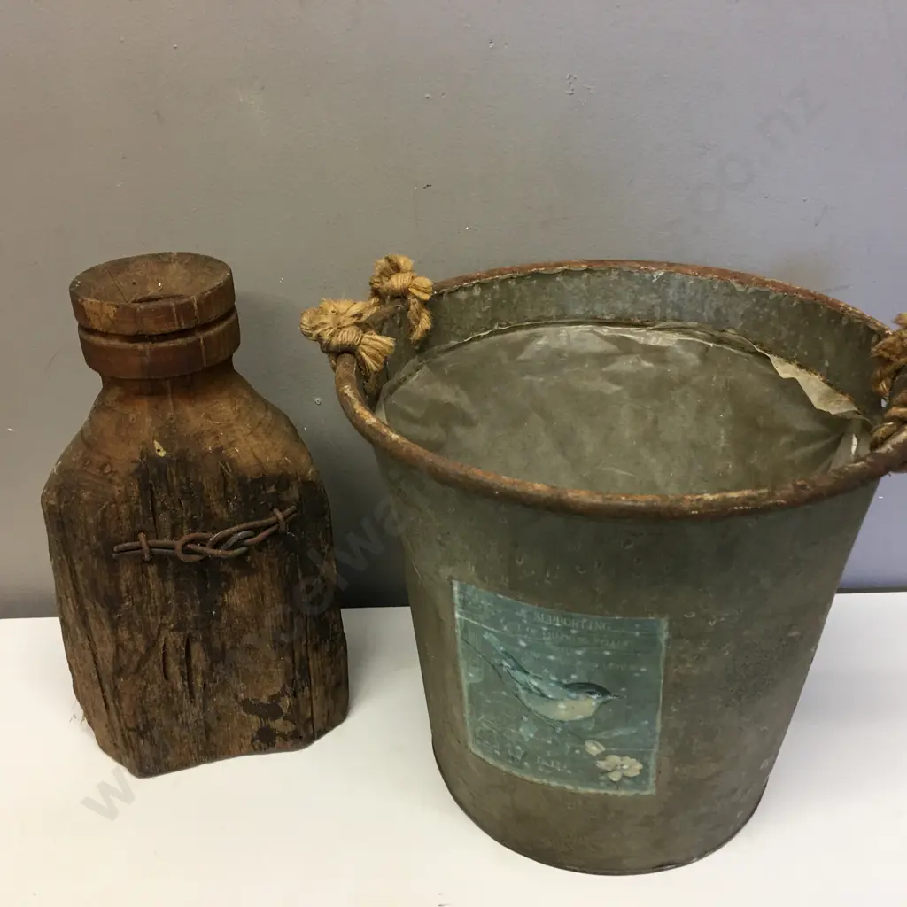 Rope Handled Bucket With Bird Motif & Decorative Rustic Vase  Image 1++